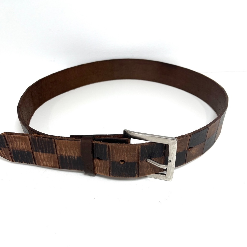 Vintage Brown Leather Distressed Checkerboard Belt Silver Buckle Genuine Leather